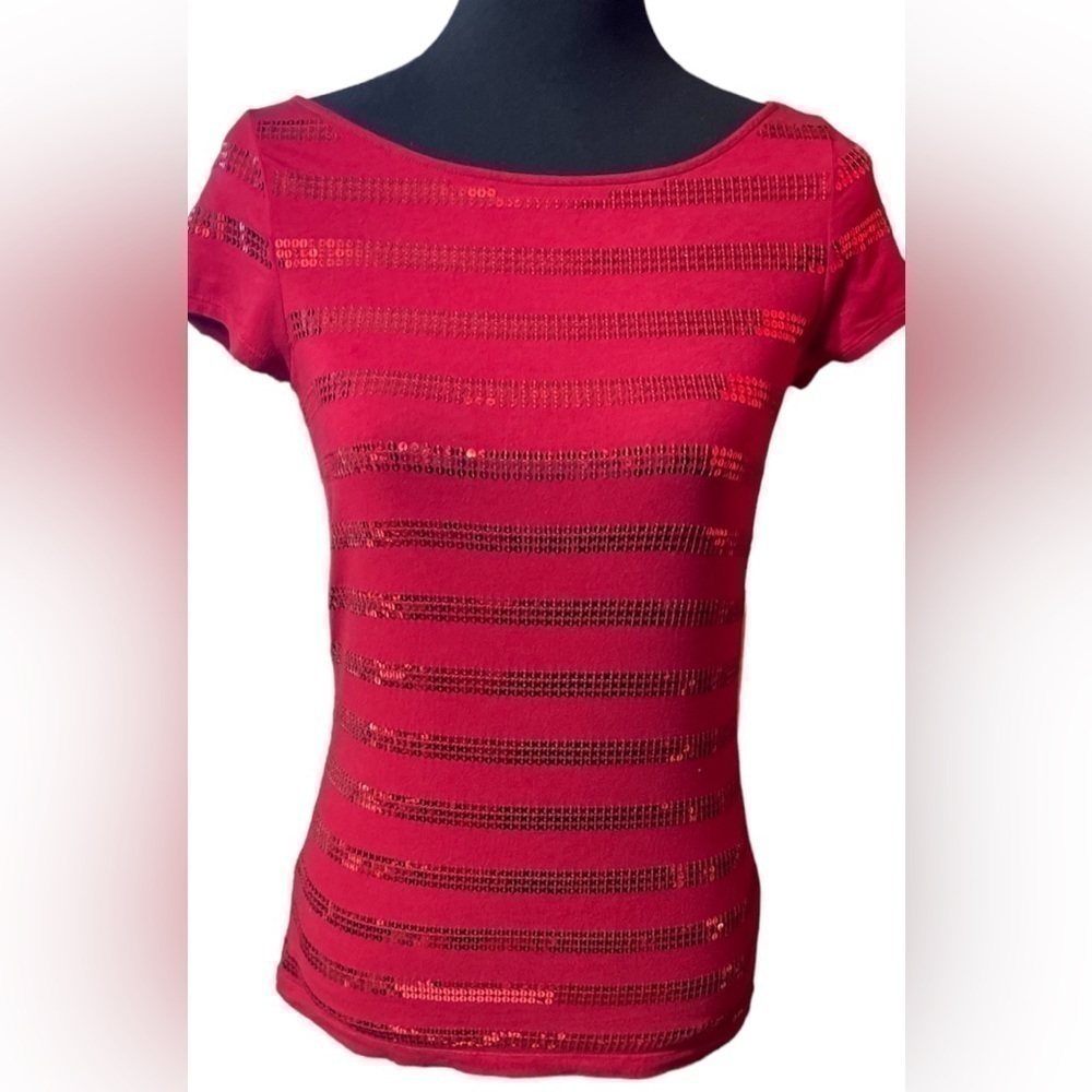 LOFT Ann Taylor Sequin Red Blouse Top Cotton Spandex Blend Valentine’s Day XS